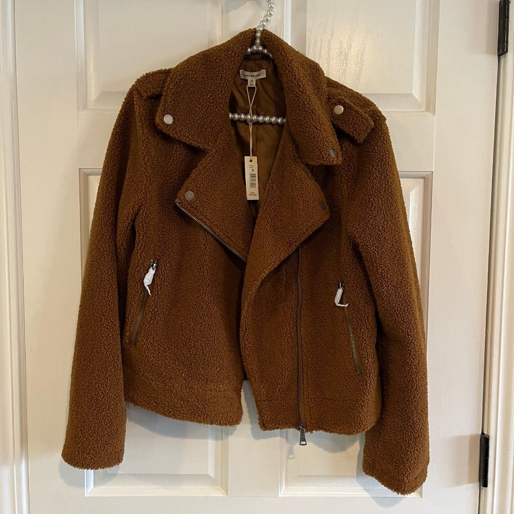 NEW Max Studio Ladies Cognac Teddy Sherpa Zip Up Moto Jacket Size M